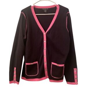 Sarah Spencer Woman Cardigan Black Pink Trim MOP Floral Buttons Cotton WM SZ 2X